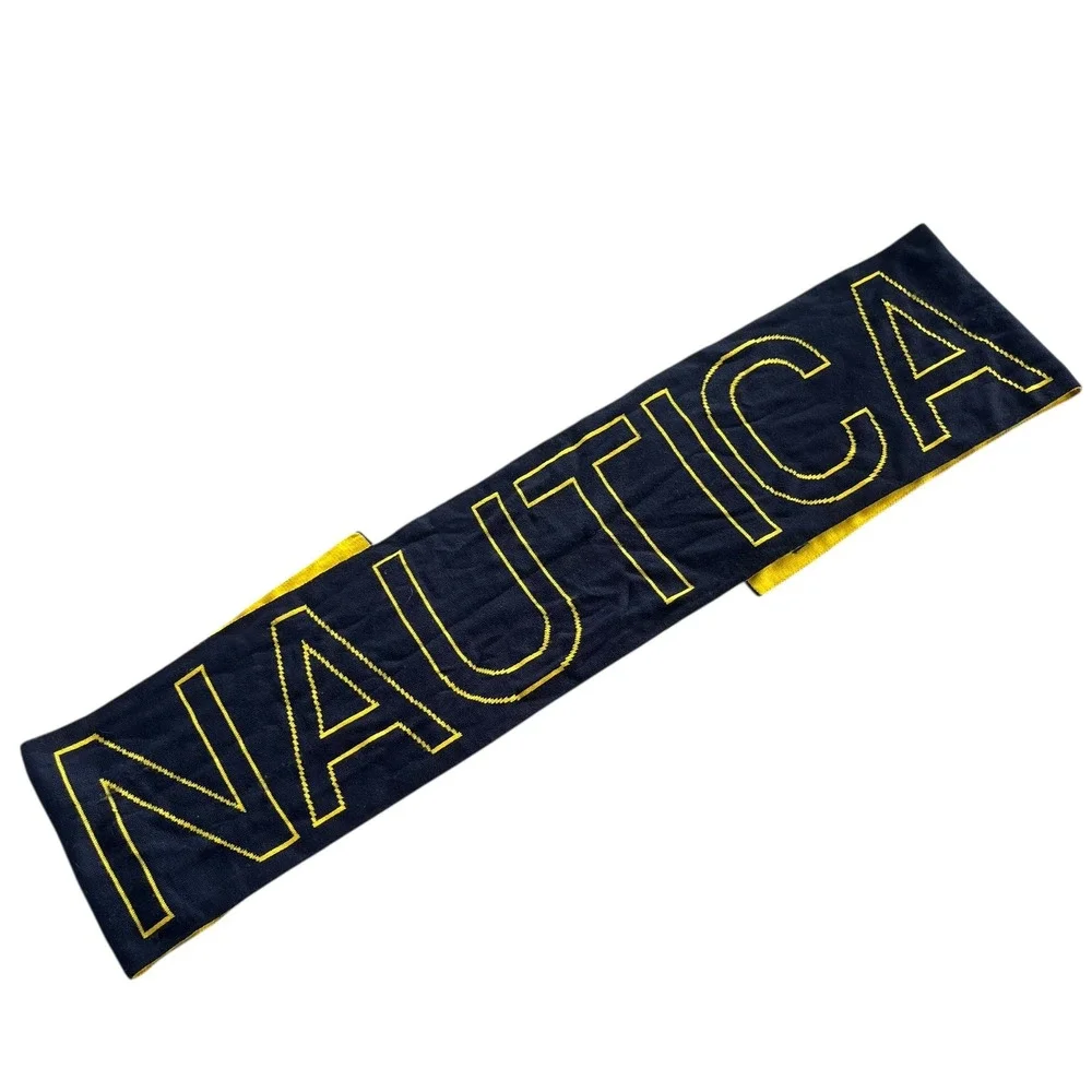 Nautica Signature Navy Blue Yellow Logo Reversible Knit Winter Scarf NT00038 Coz
